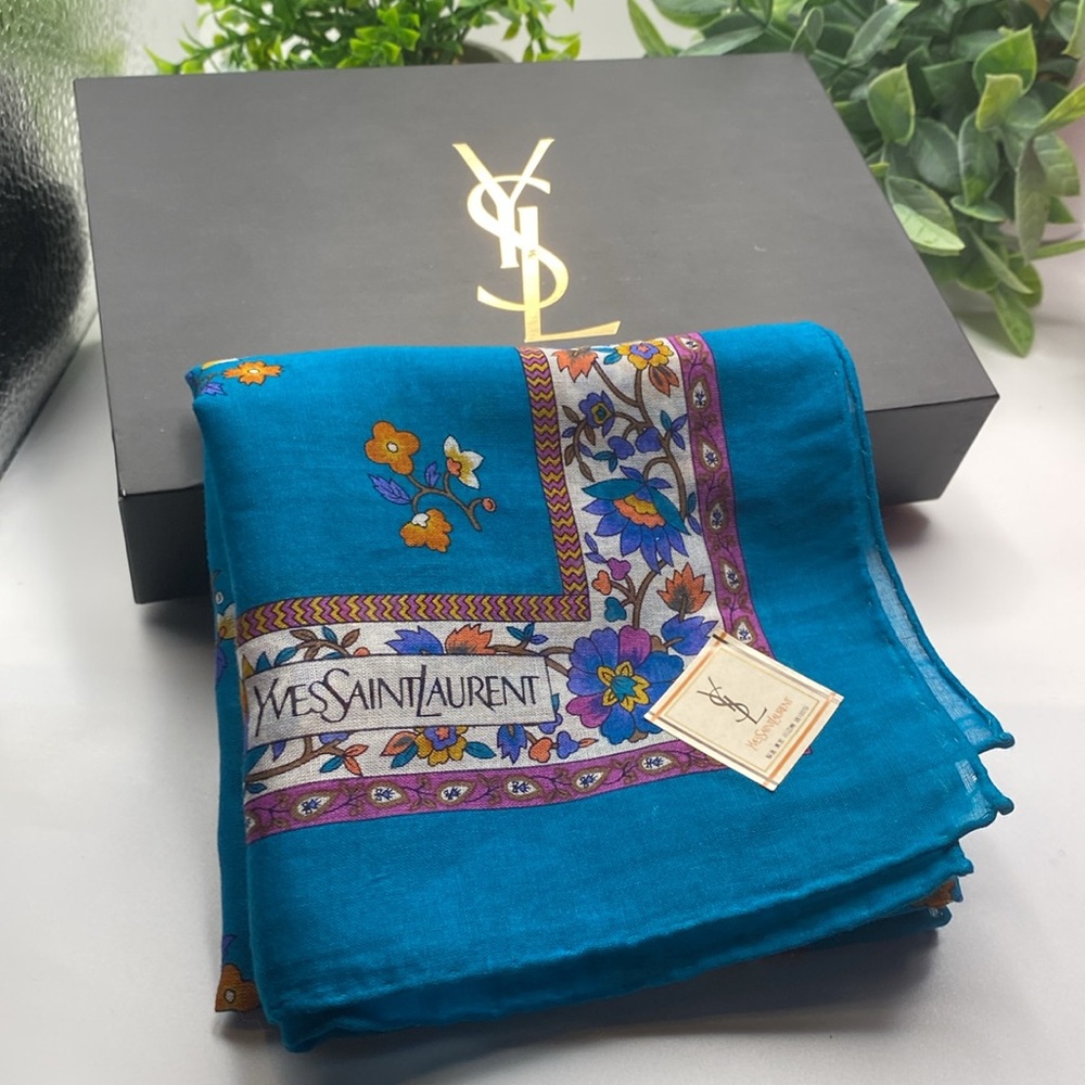 Yves Saint Laurent Teal and Purple Floral Scarf - Picture 8 of 9
